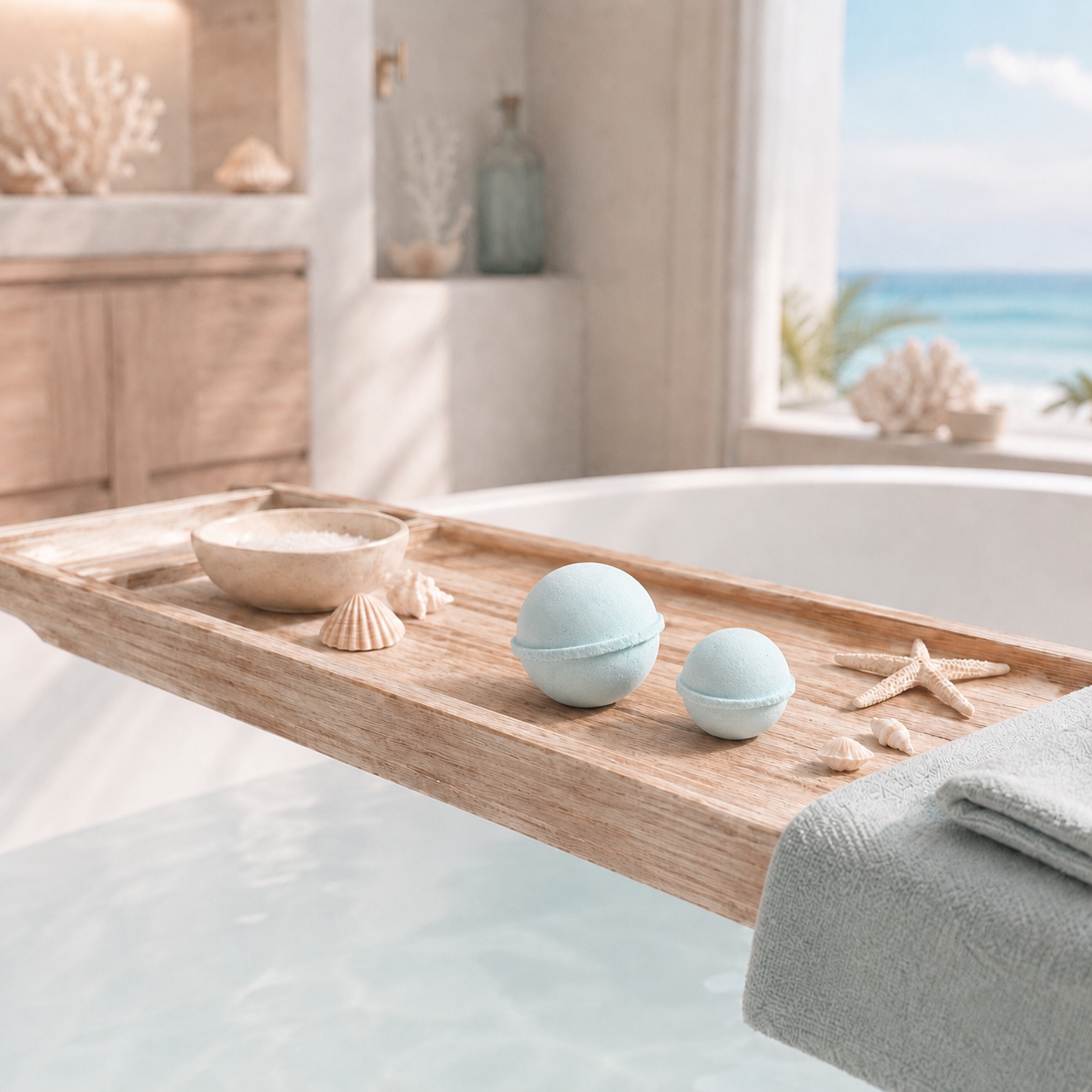 Bath bombs on a wooden tray over a bathtub with a beach view.