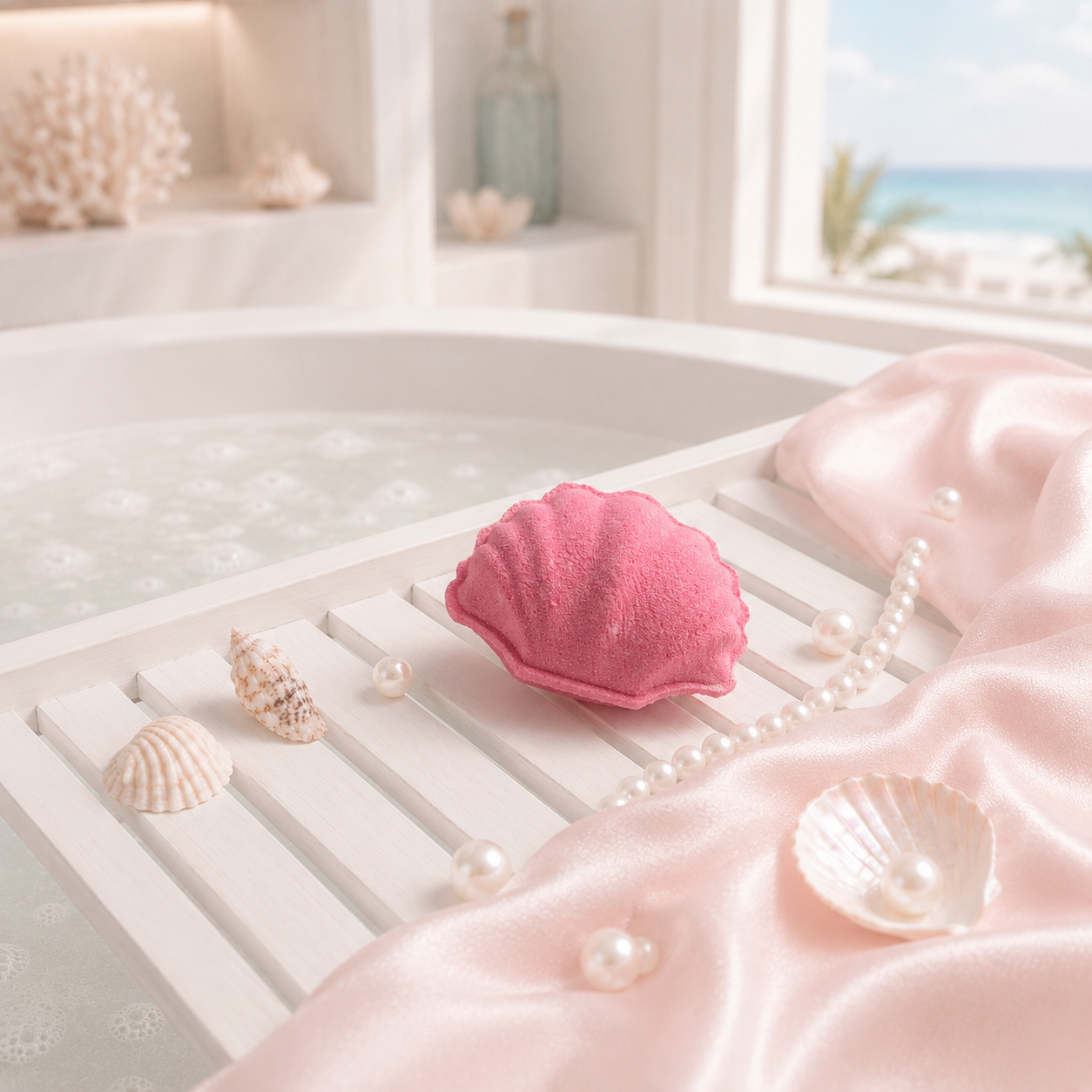 Pink shell-shaped bath bomb on a bathtub with seashells and pearls, set against a beach-themed background.