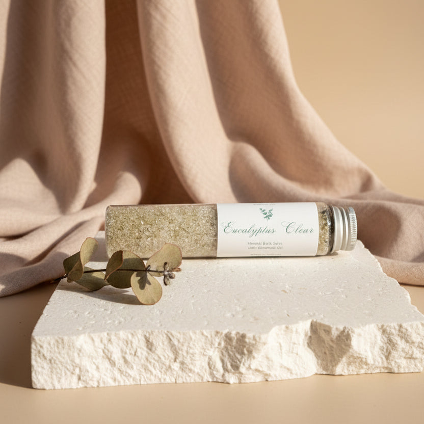 Eucalyptus Clear bath salt on a textured stone surface with a neutral background