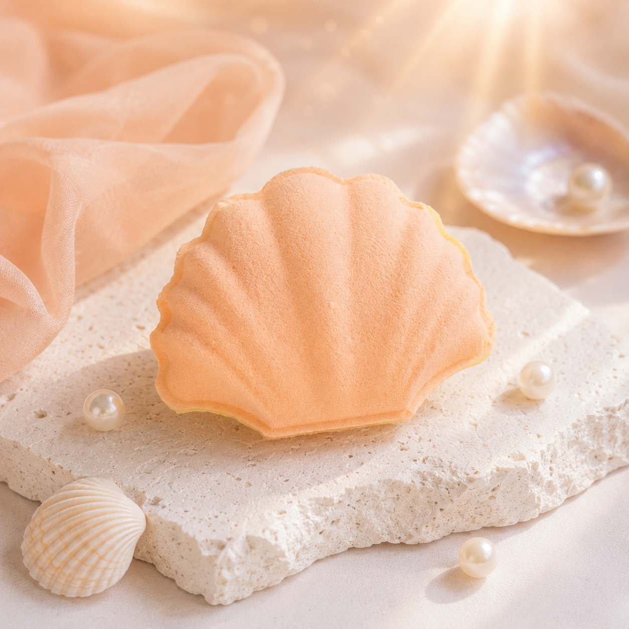 Shell-shaped bath bomb with pearls and a sheer fabric background