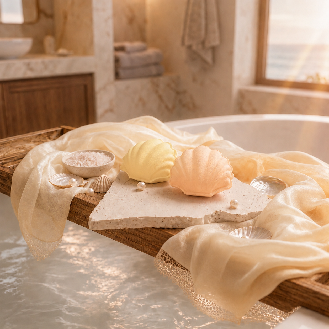 Bath tray with bath bombs, seashells, and a towel in a bathroom setting