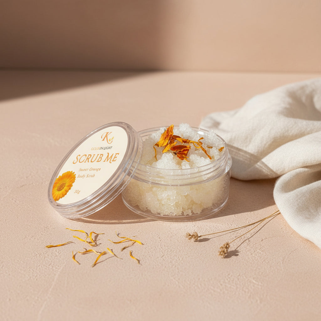 Clear container with body scrub and lid featuring branding on a light gray background
