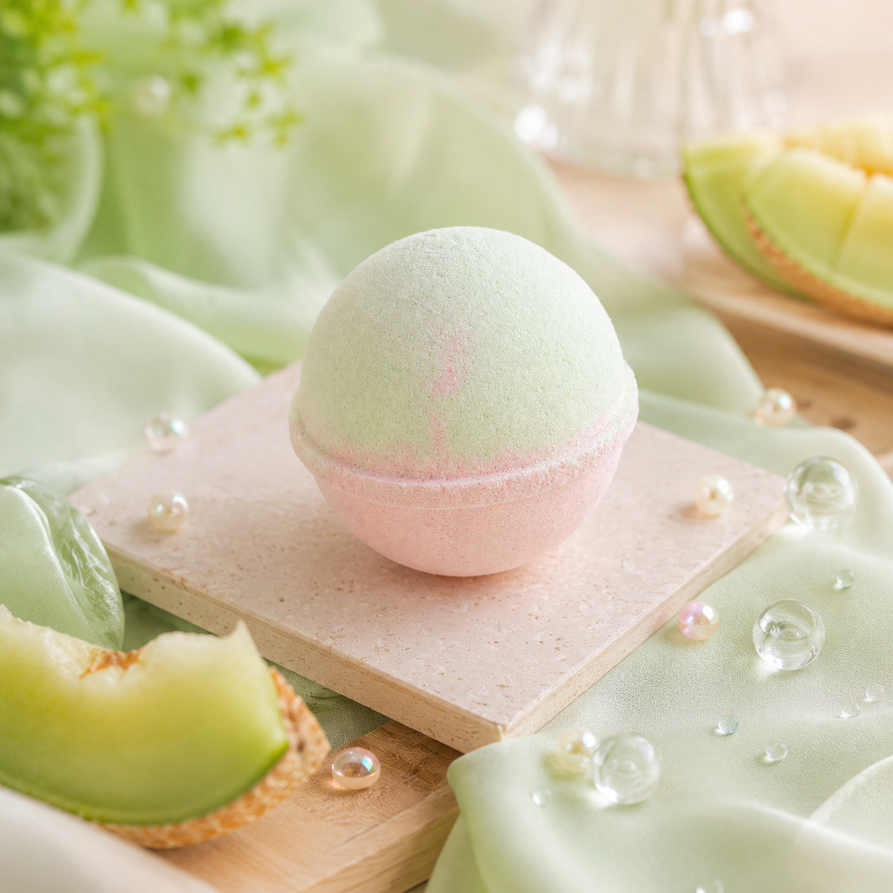 Bath bomb on a wooden board with green fruit slices and bubbles in the background