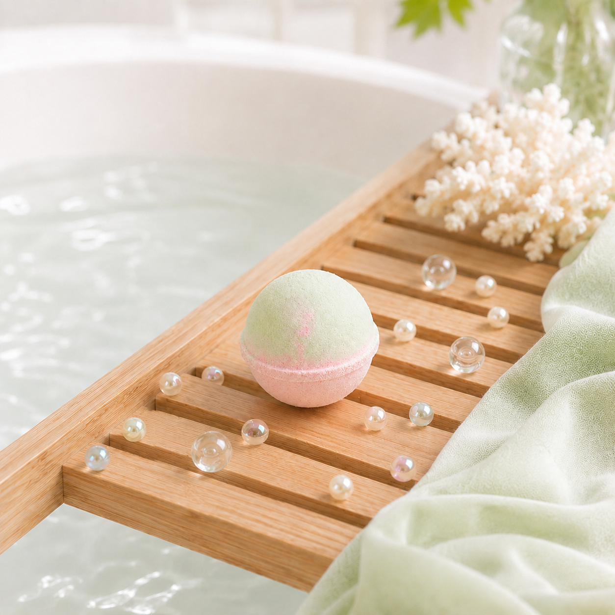Bath bomb on a wooden tray over a bathtub with bubbles