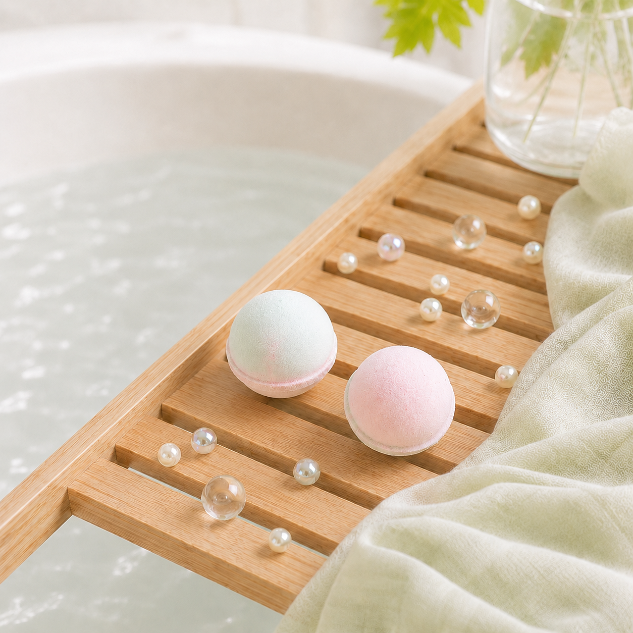 Bath bombs on a wooden tray with bubbles in a bathtub setting
