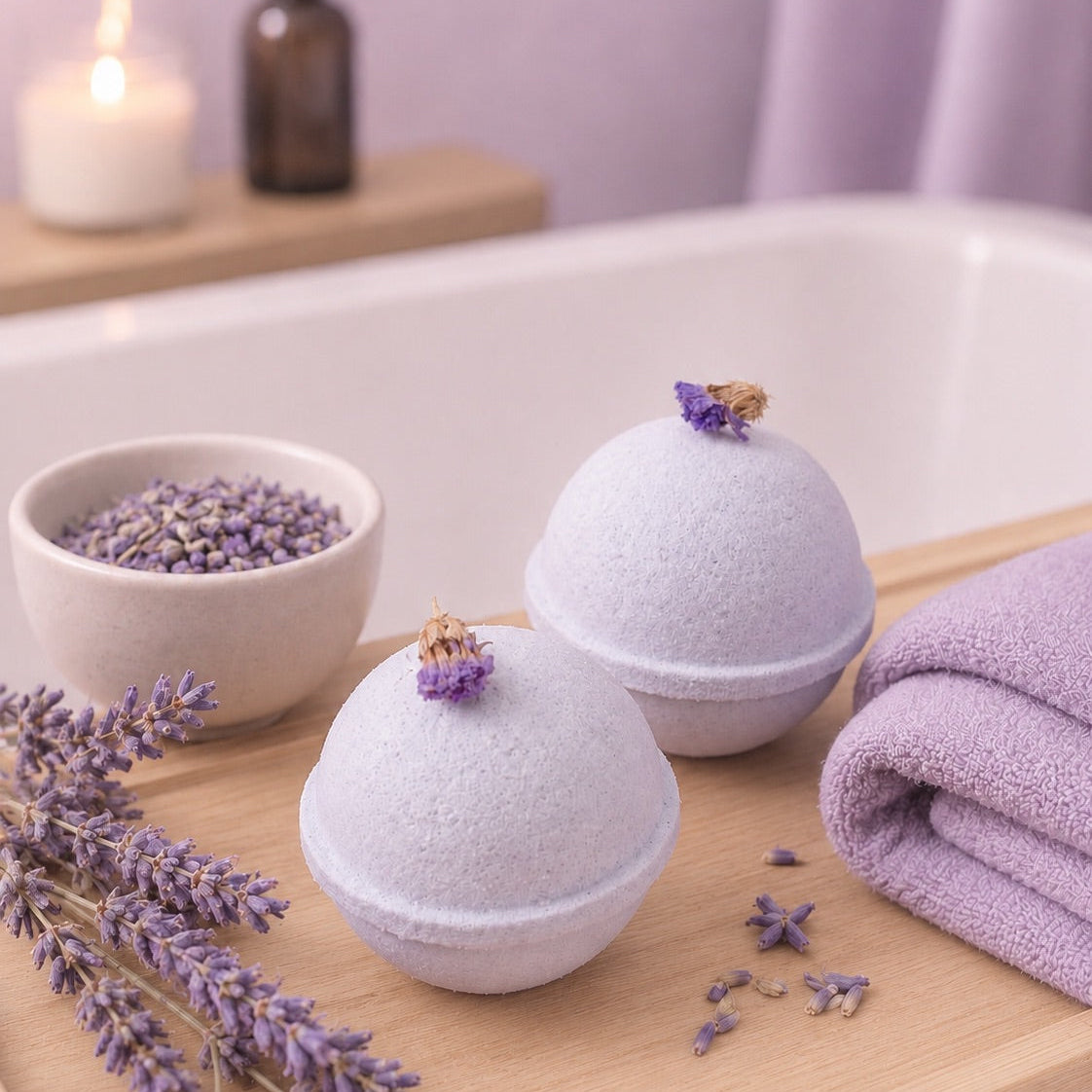 Bath bombs with lavender flowers on a wooden tray next to a bowl of lavender buds and a candle.