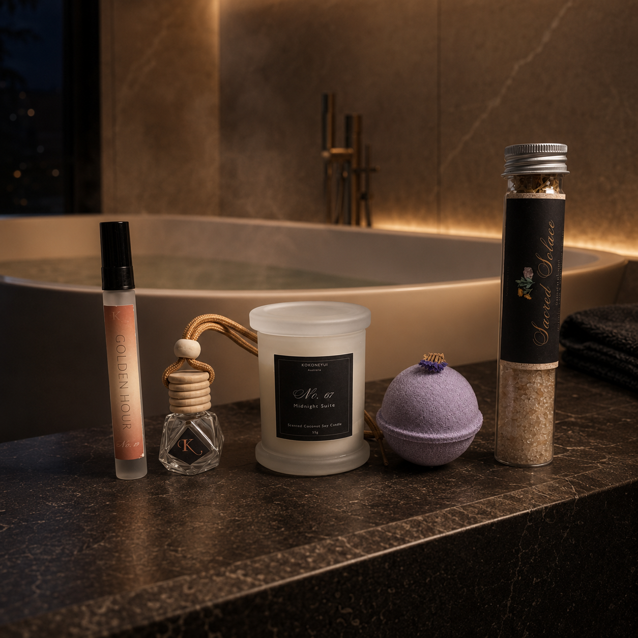 A curated spa gift set arranged on a dark stone bathroom counter in front of a bathtub.