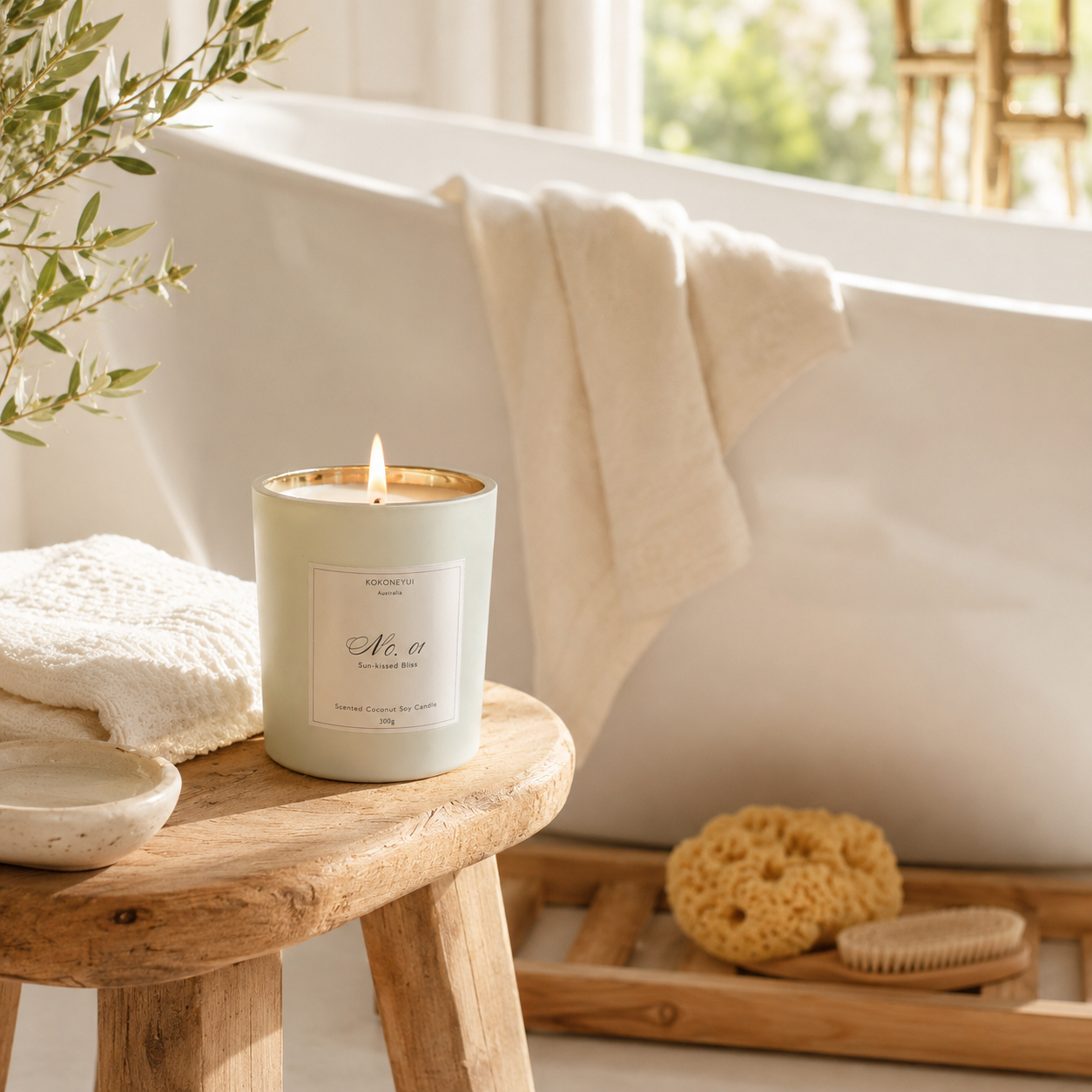 Candle on a wooden stool in a bathroom setting with a bathtub and towels.