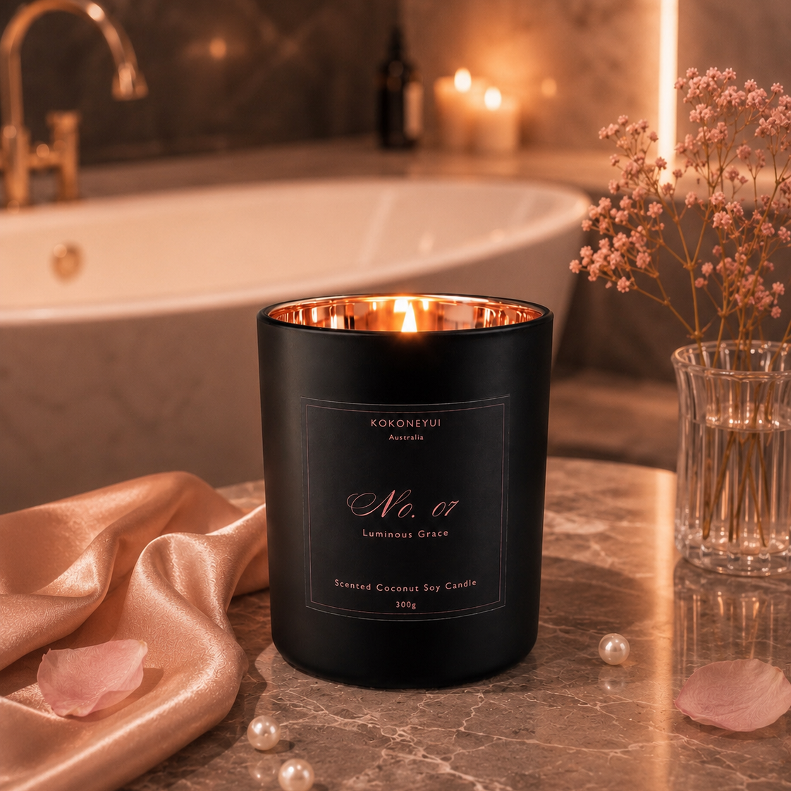 Black candle with a rose gold interior on a marble surface next to pink satin fabric and flowers, with a bathtub and candles in the background.