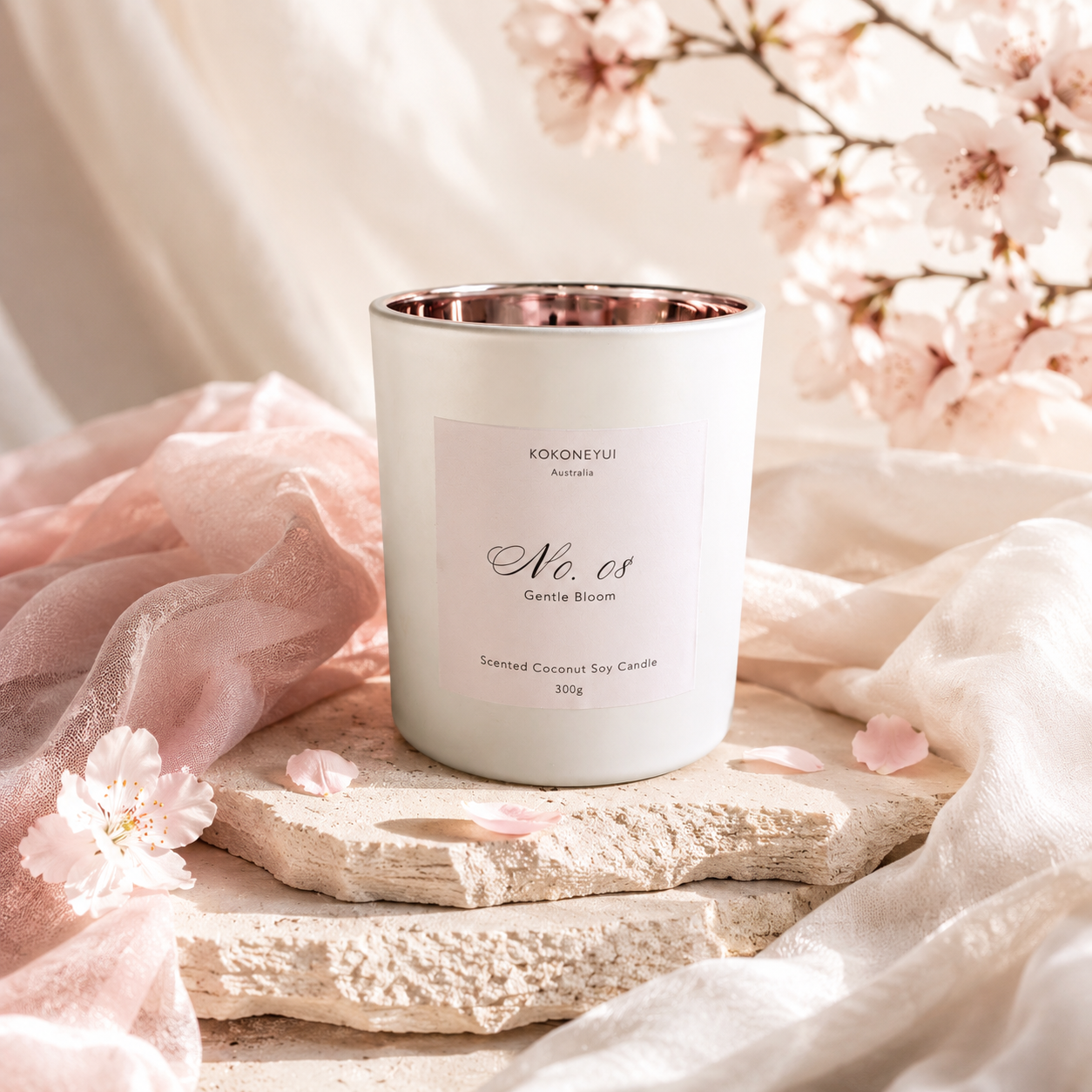 Candle No.08 with cherry blossoms and soft fabric background