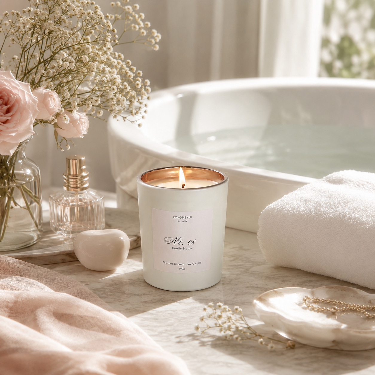 Candle burning on a table with flowers, bath, and towel in the background