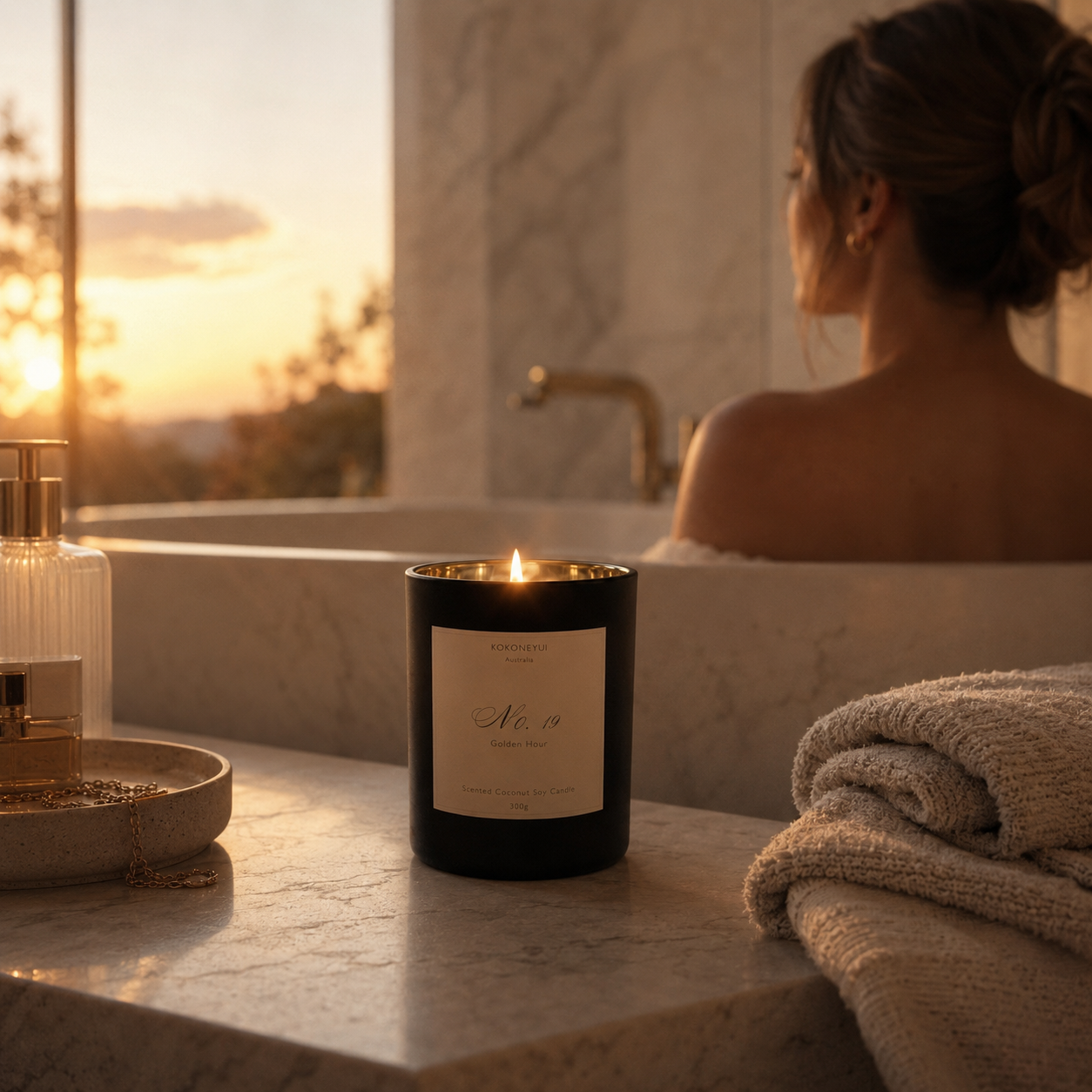 Woman in a bathtub with a lit candle and sunset view