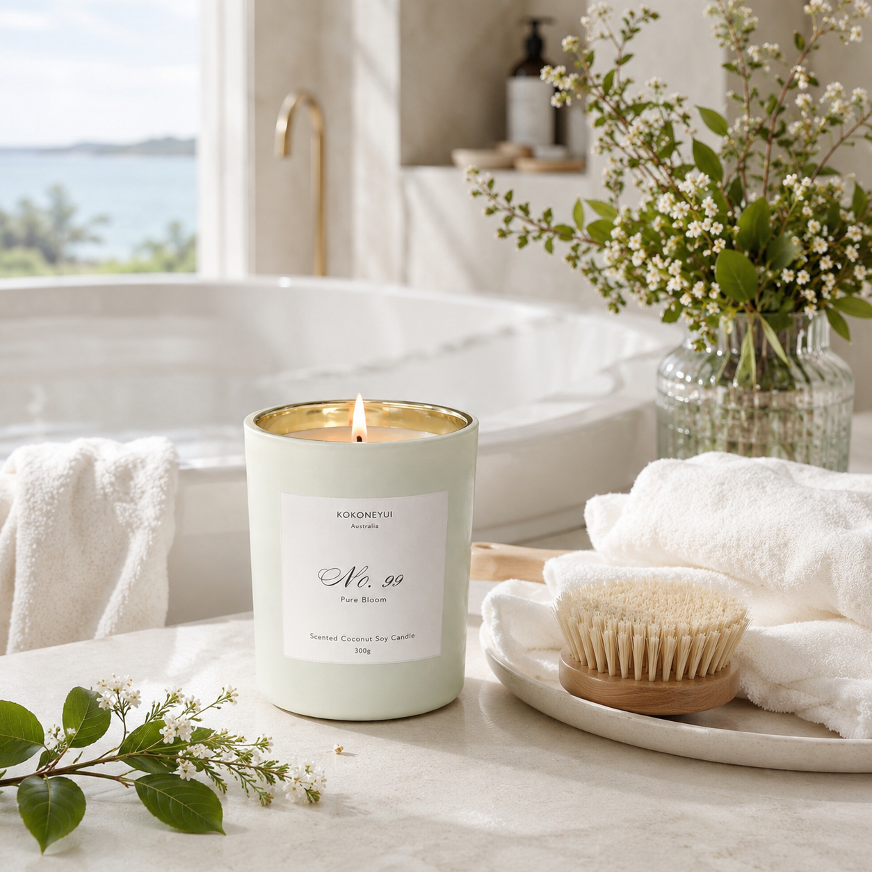 Candle with a No.99 label in a bathroom setting with flowers and towels.