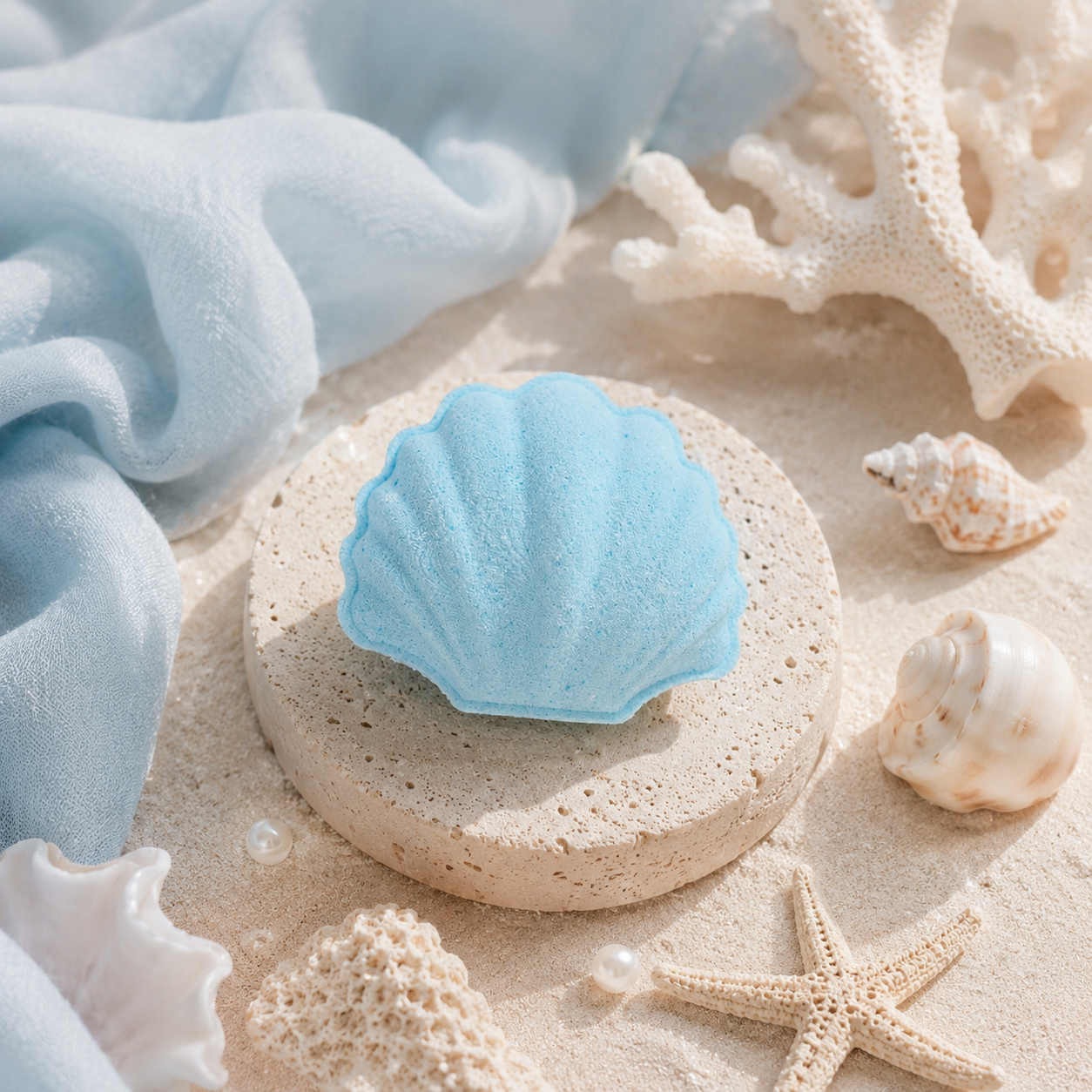Blue shell bath bomb on sand with seashells and starfish