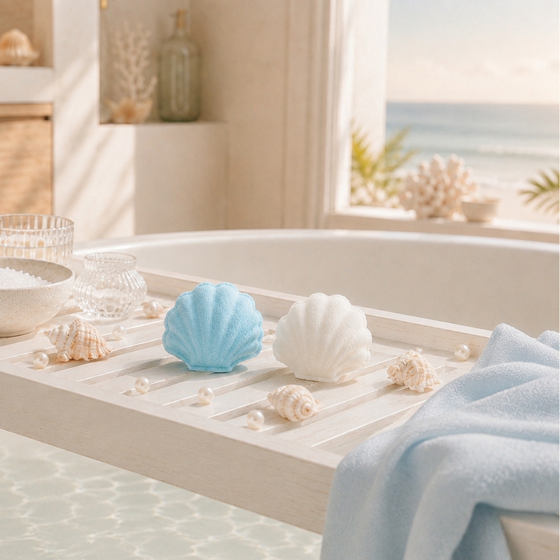 Bathroom setting with seashell-shaped soap, towel, and decorative items on a surface.