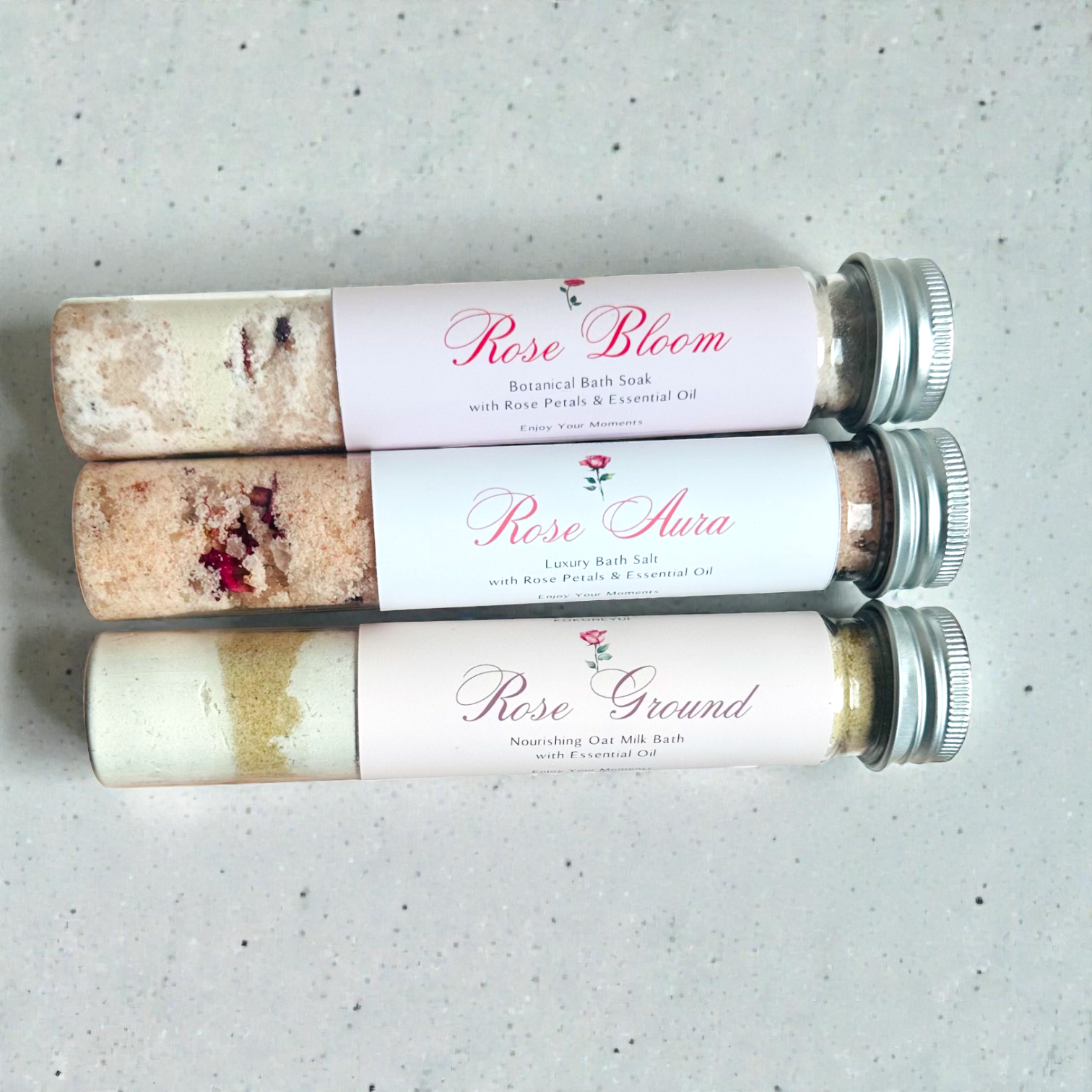 Rose Aura Collection — 3種のローズリチュアル バスソルトセット(60g テストチューブ)