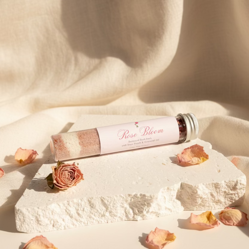 Rose Bloom product tube on a textured white surface with a light gray background