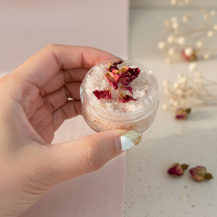 Hand holding a small scrub container with a decorative item on a beige background