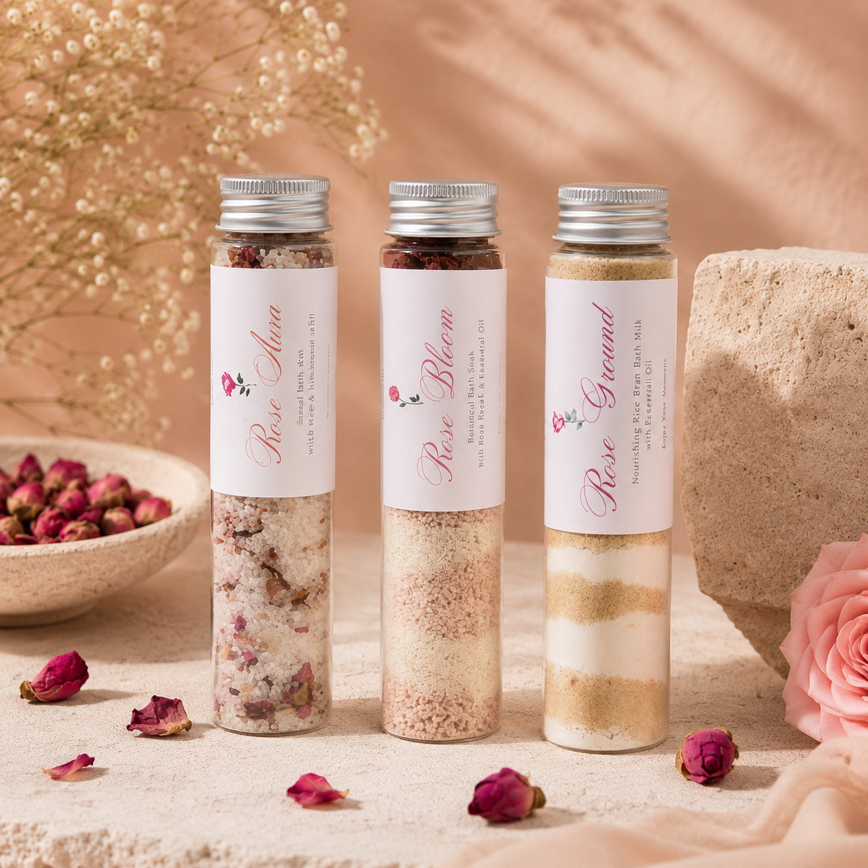 Rose Aura Collection — 3種のローズリチュアル バスソルトセット(60g テストチューブ)