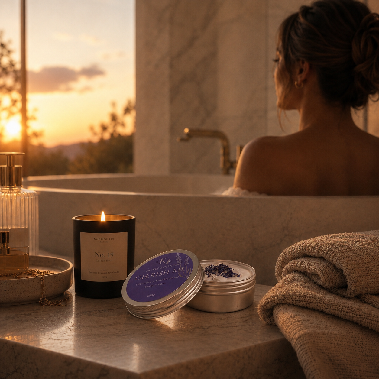 Cherish Me Body cream in a bath room with No.19 Golden Hour Candle
