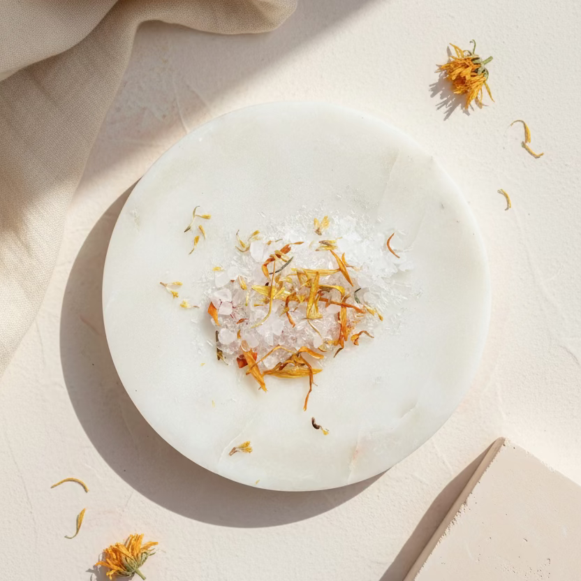 Marble plate with a small pile of white salt and orange calendula flower petals on a light gray background