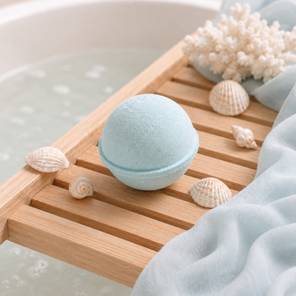 Bath bomb on a wooden tray with seashells and coral in a bathtub setting