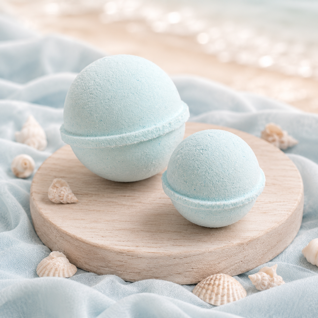 Two light blue bath bombs on a wooden board with seashells on a soft fabric background