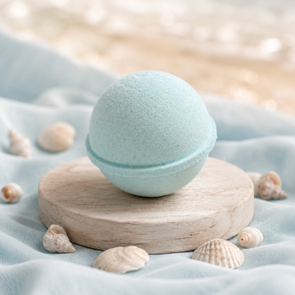 Light blue bath bomb on a wooden stand with seashells on a soft fabric background