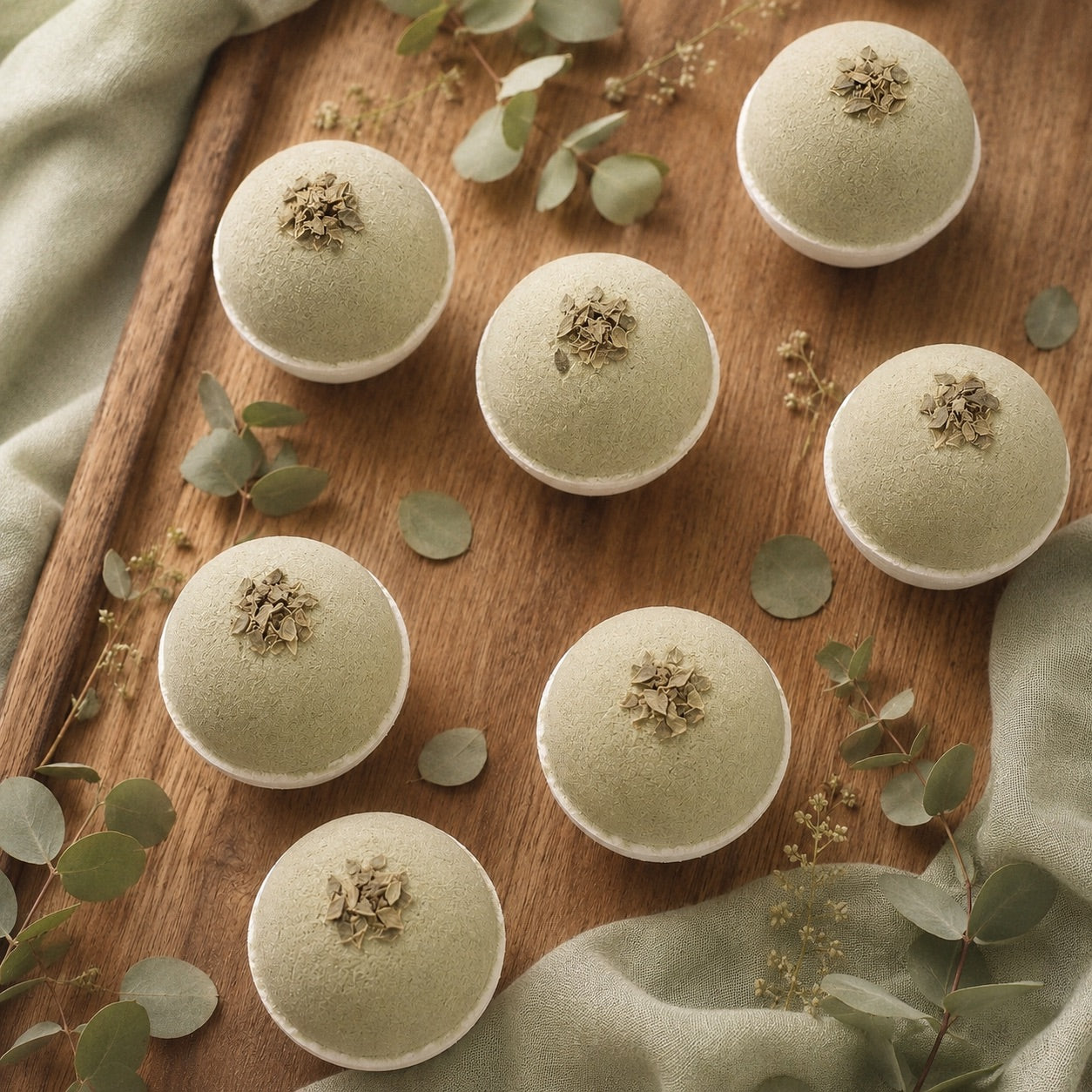 Bath bombs with eucalyptus leaves on a wooden board with greenery around