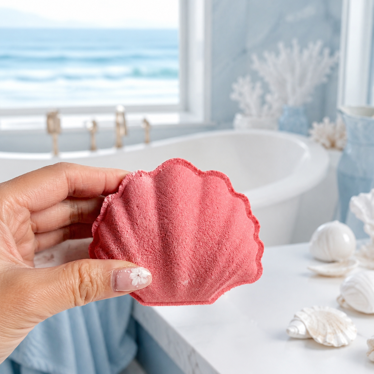 Hand holding a pink shell-shaped bath bomb with a bathtub and decorative shells in the background.