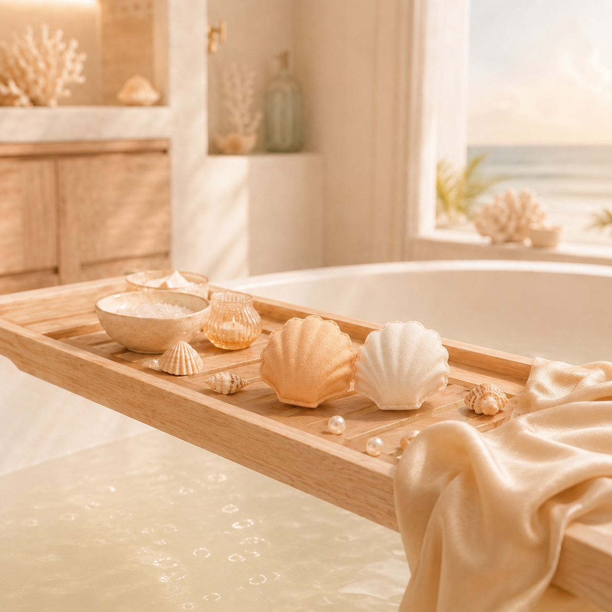 Shell Bath Bombs on Bathroom scene with a bathtub, wooden tray, and seashells.