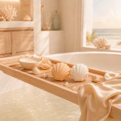 Shell Bath Bombs on Bathroom scene with a bathtub, wooden tray, and seashells.