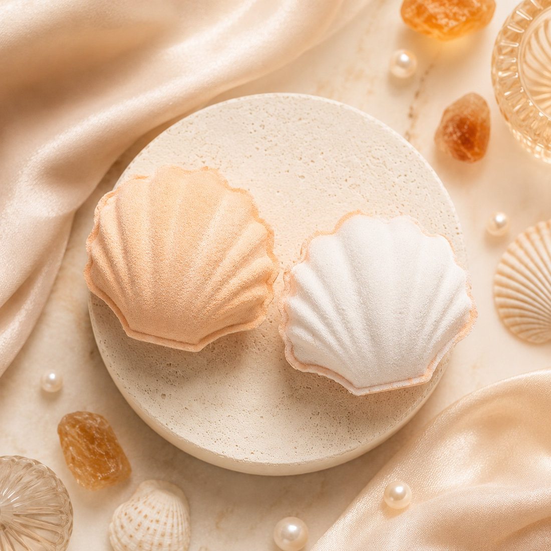 Shell-shaped bath bombs on a beige plate with seashells and pearls around