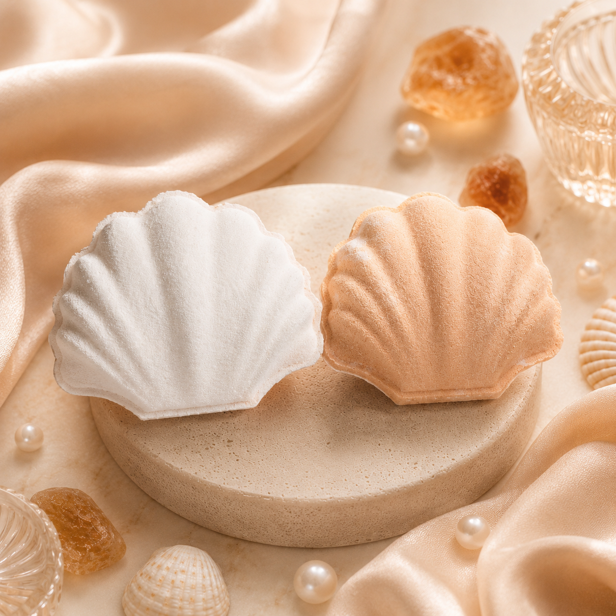 Shell-shaped bath bombs on a beige surface with seashells and pearls.