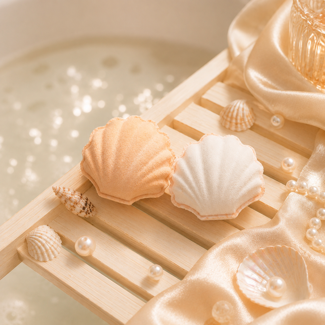 Shell-shaped bath bombs on a wooden soap dish with a soft focus background