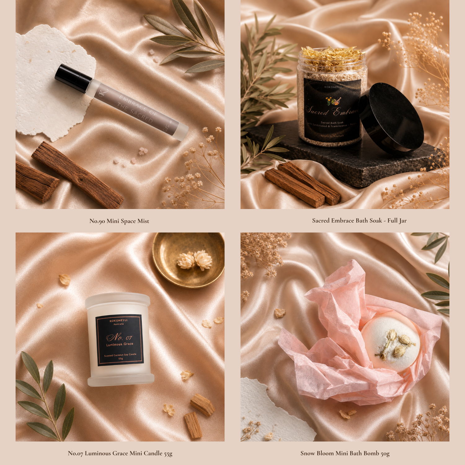 A four-panel product collage on champagne satin showing spa-inspired items: a mini space mist, a mini candle, a bath soak in a jar with gold calendula petals,  and a white bath bomb wrapped in pink tissue paper. Text labels identify each item.
