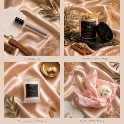 A four-panel product collage on champagne satin showing spa-inspired items: a mini space mist, a mini candle, a bath soak in a jar with gold calendula petals,  and a white bath bomb wrapped in pink tissue paper. Text labels identify each item.