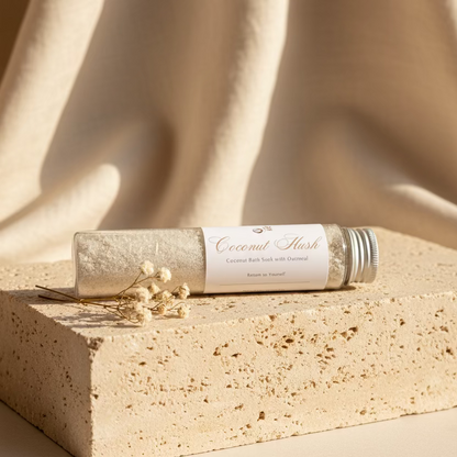 Coconut Hush Bath Soak on a textured surface with a neutral background