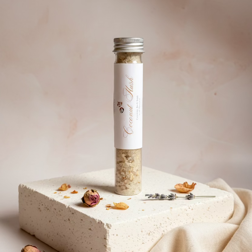 Coconut Hush bath soak on a light surface