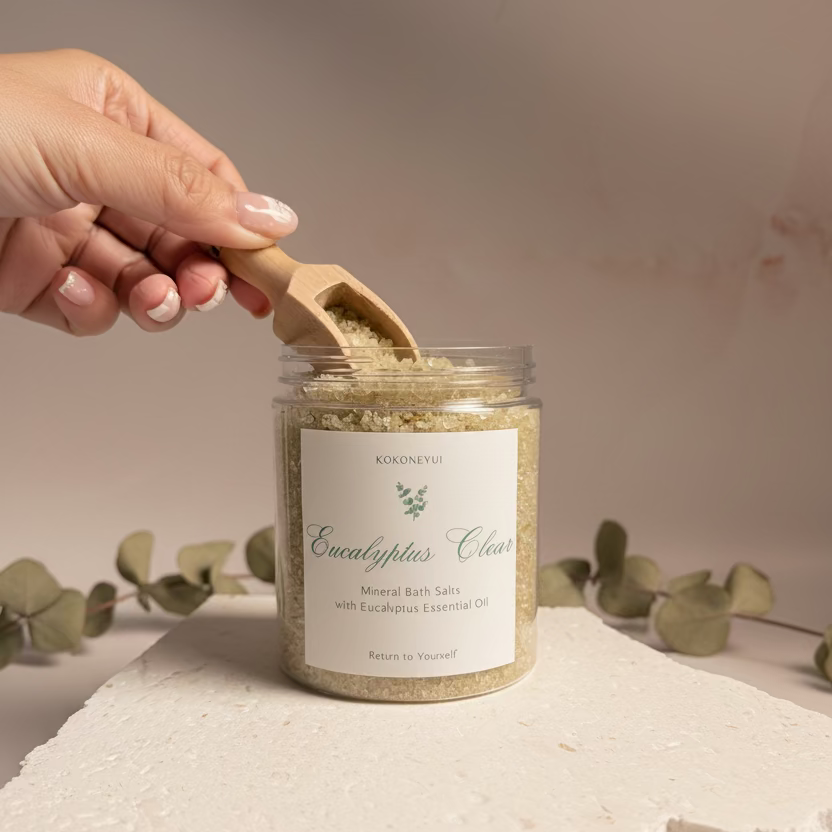 Jar of Eucalyptus Clear product with a wooden scoop on a light gray background