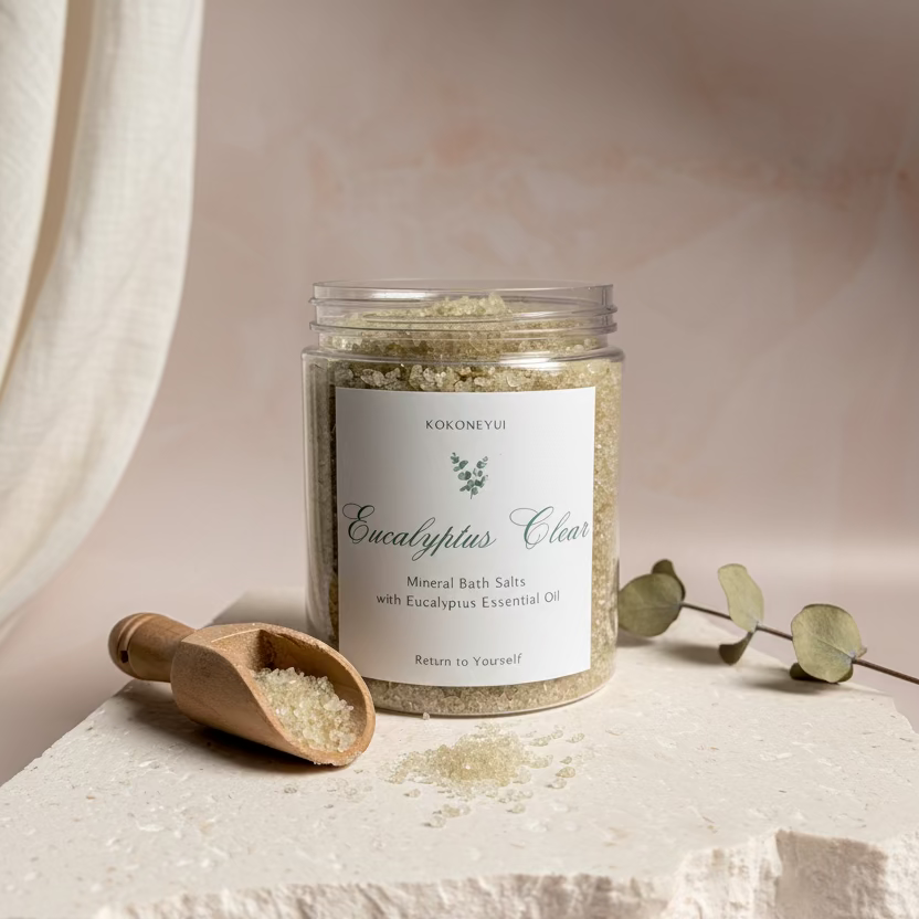 Jar of Eucalyptus Clear bath salts with a wooden scoop on a textured surface.