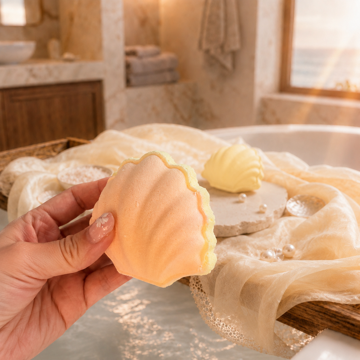 Hand holding a yellow - orange bath bomb with a bathtub and towels in the background
