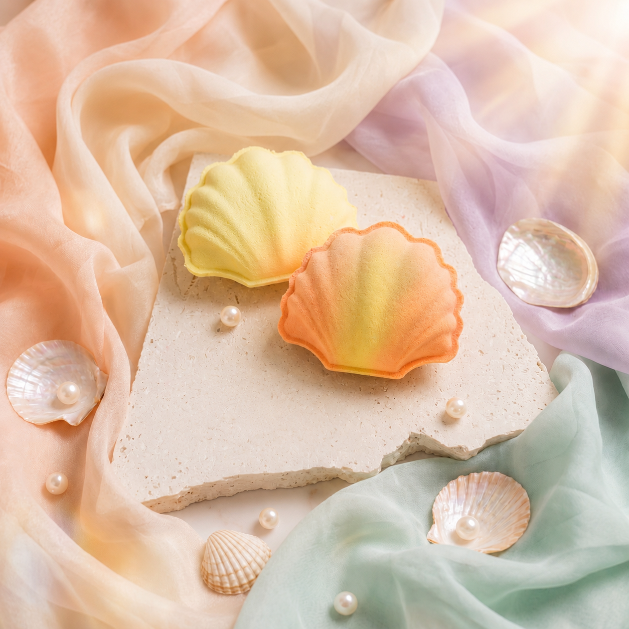 Shell-shaped bath bombs on a stone surface with pearls and colorful fabric in the background