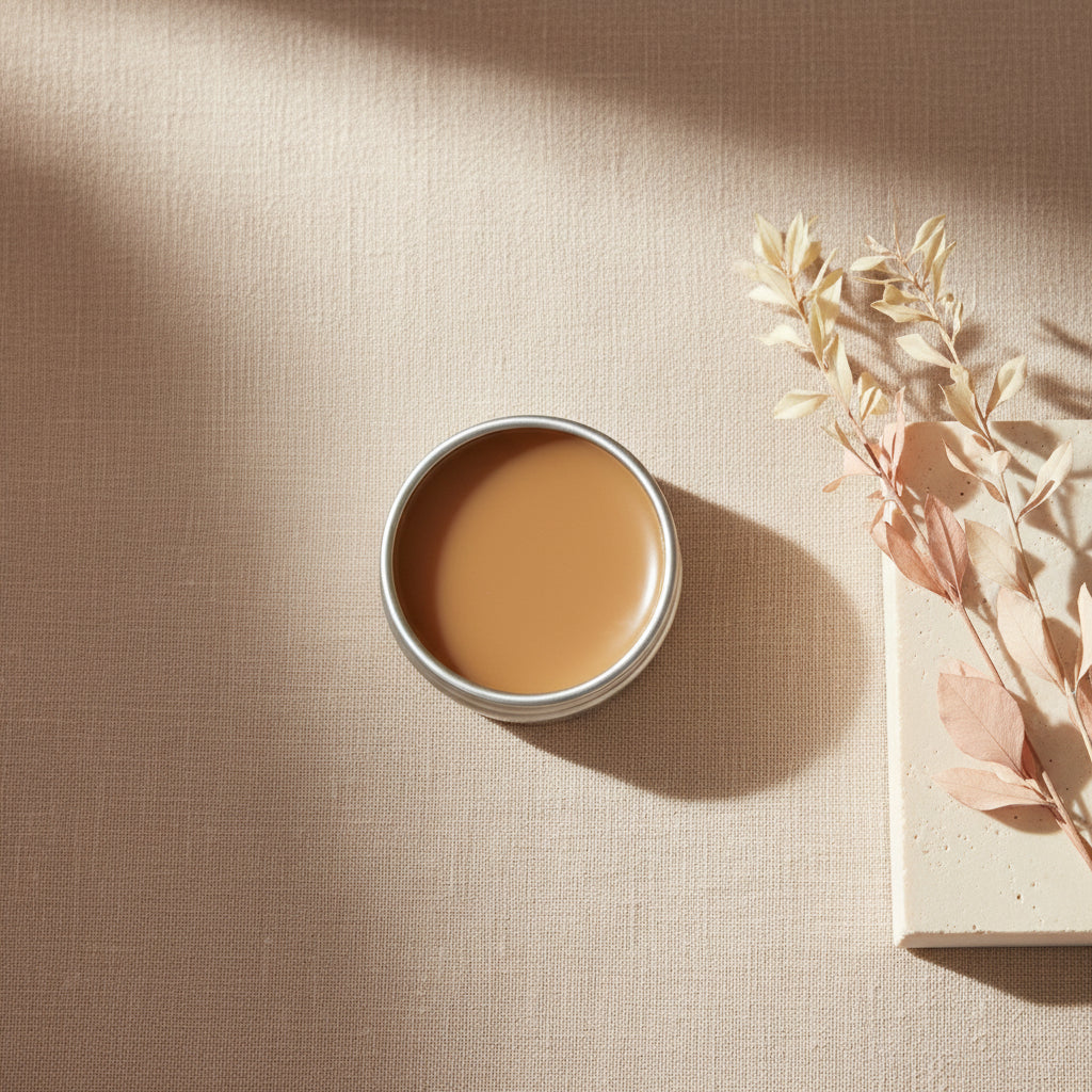 Small container of Lip cream on a beige background