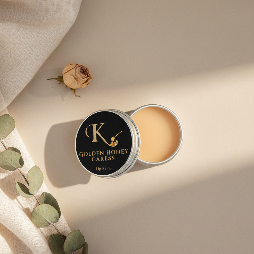 Lip balm container with open lid on a beige background