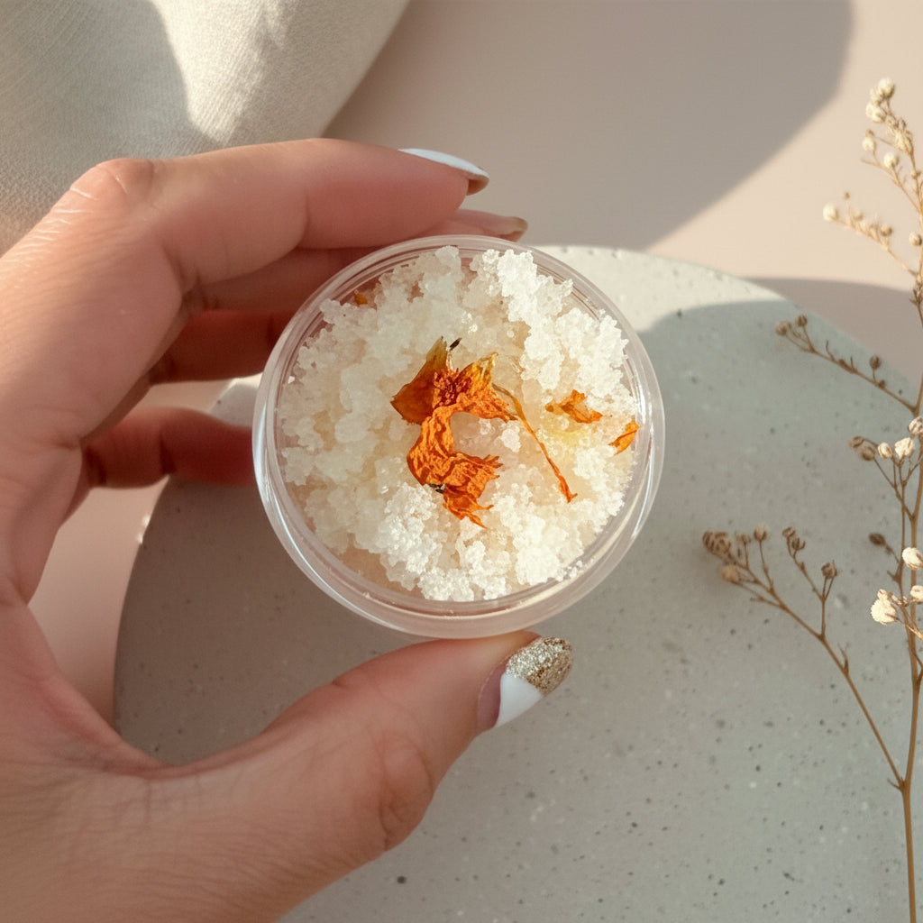 Hand holding a small container of  Scrub