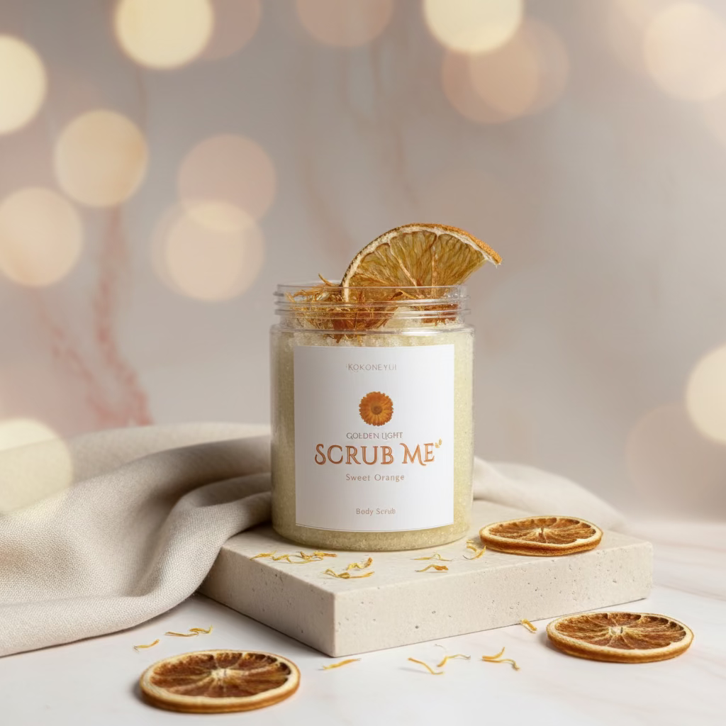 Jar of scrub with orange slices on a stone surface