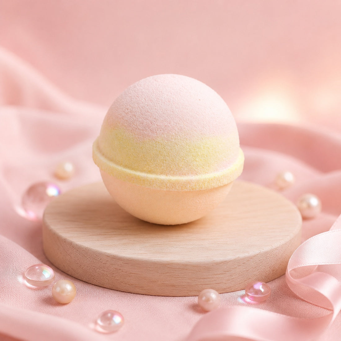 Bath bomb on a wooden platform with pink fabric and pearls in the background