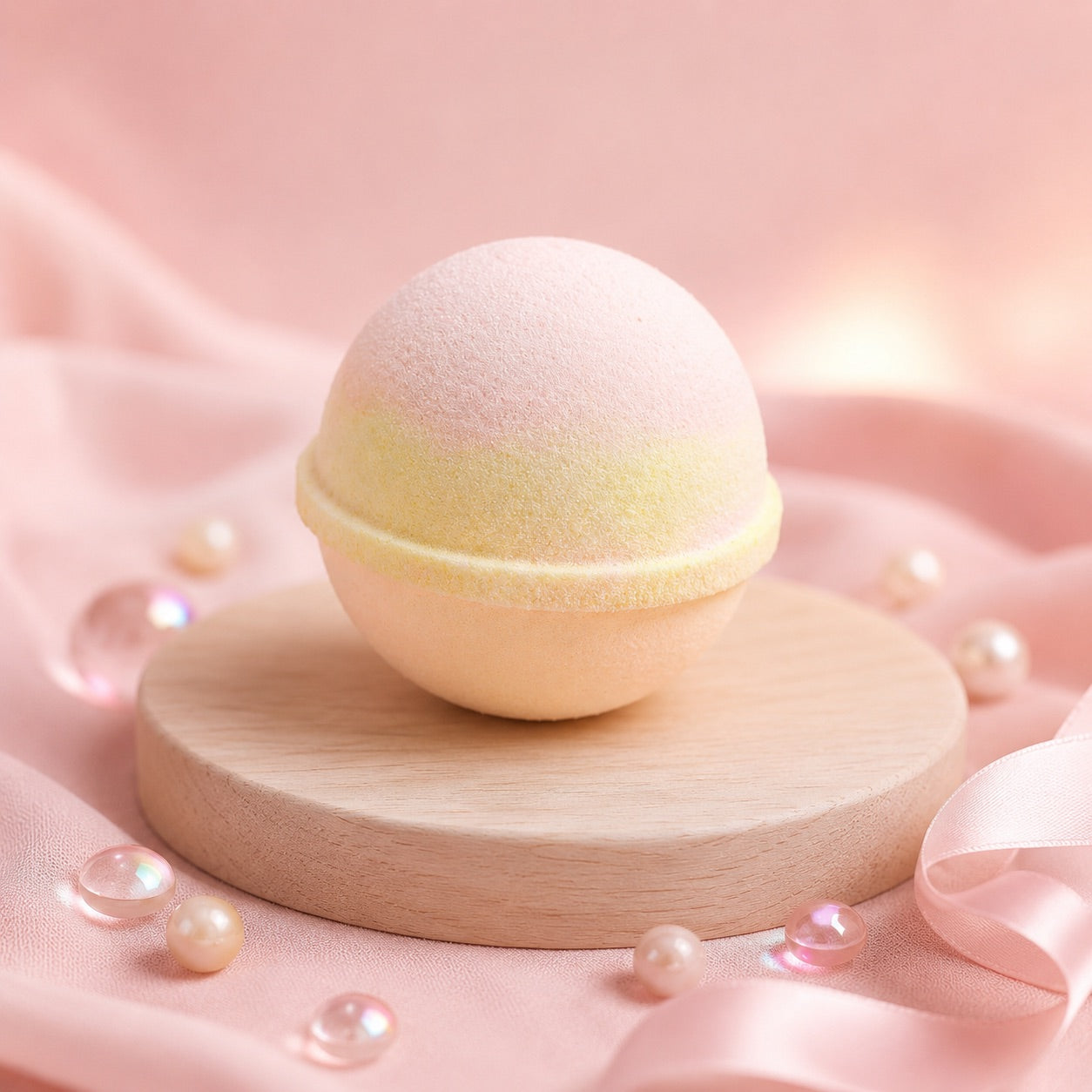 Bath bomb on a wooden platform with pink fabric and pearls in the background