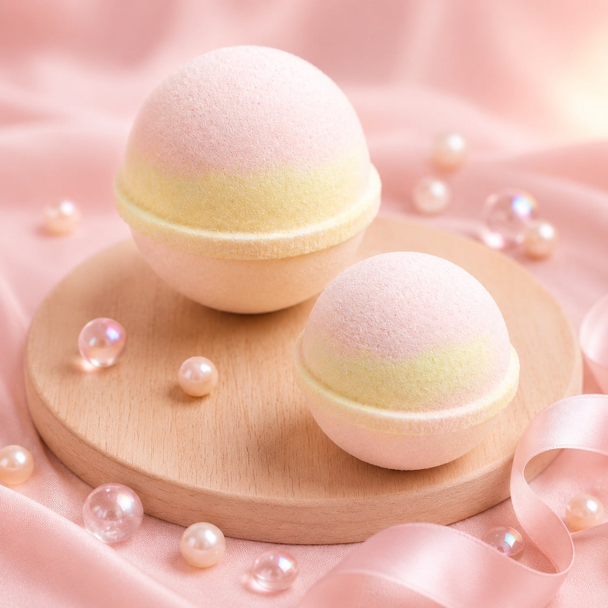 Two soft Pink bath bombs with a yellow centre on a wooden stand surrounded by pearls on a pink fabric background.